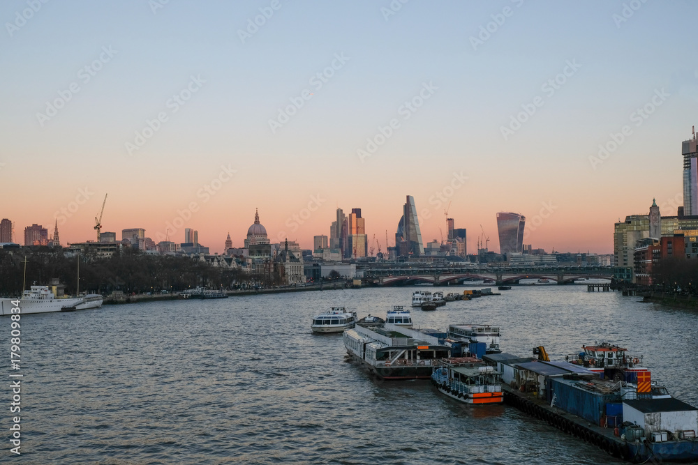 Evening view London City  from Waterloo Bridge.