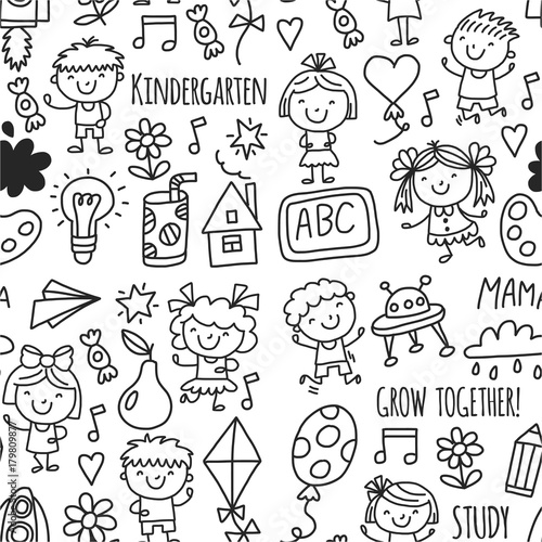 Seamless pattern Kids drawing Kindergarten School Happy children play Illustration for kids Nursery Preschool Children icon