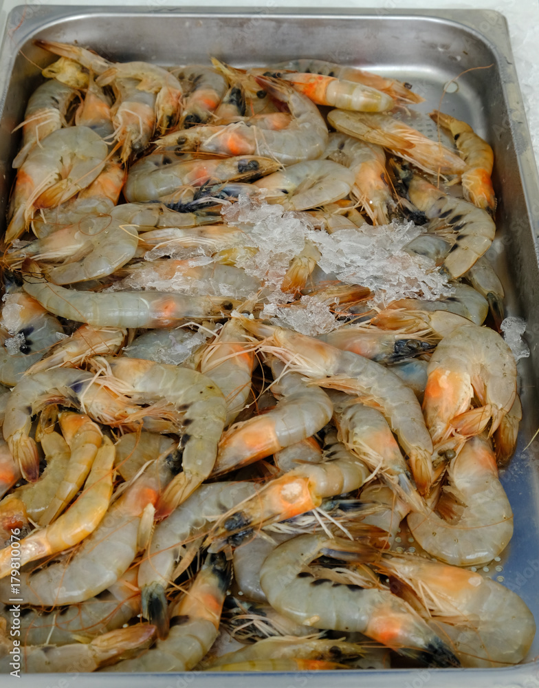 Raw prawns dispalyed at Limassol fish market