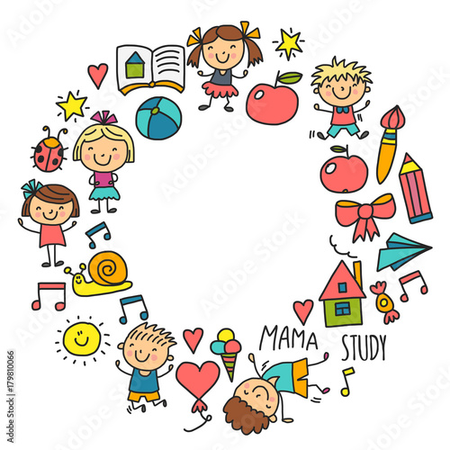 Kids drawing Kindergarten School Happy children play Illustration for kids Nursery Preschool Children icon