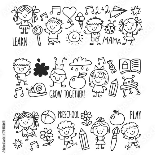 Kids drawing Kindergarten School Happy children play Illustration for kids Nursery Preschool Children icon