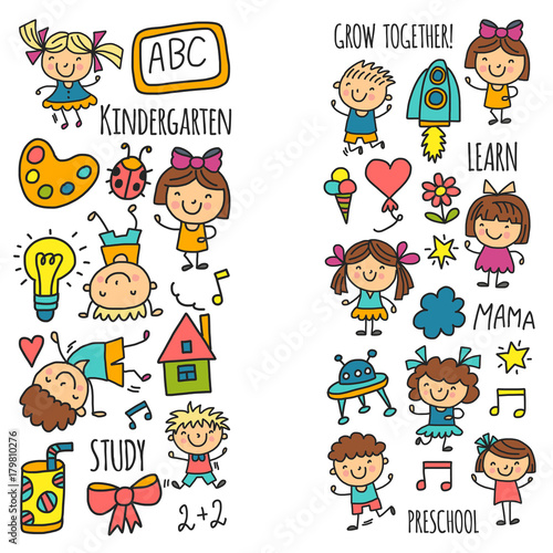 Kids drawing Kindergarten School Happy children play Illustration for kids Nursery Preschool Children icon