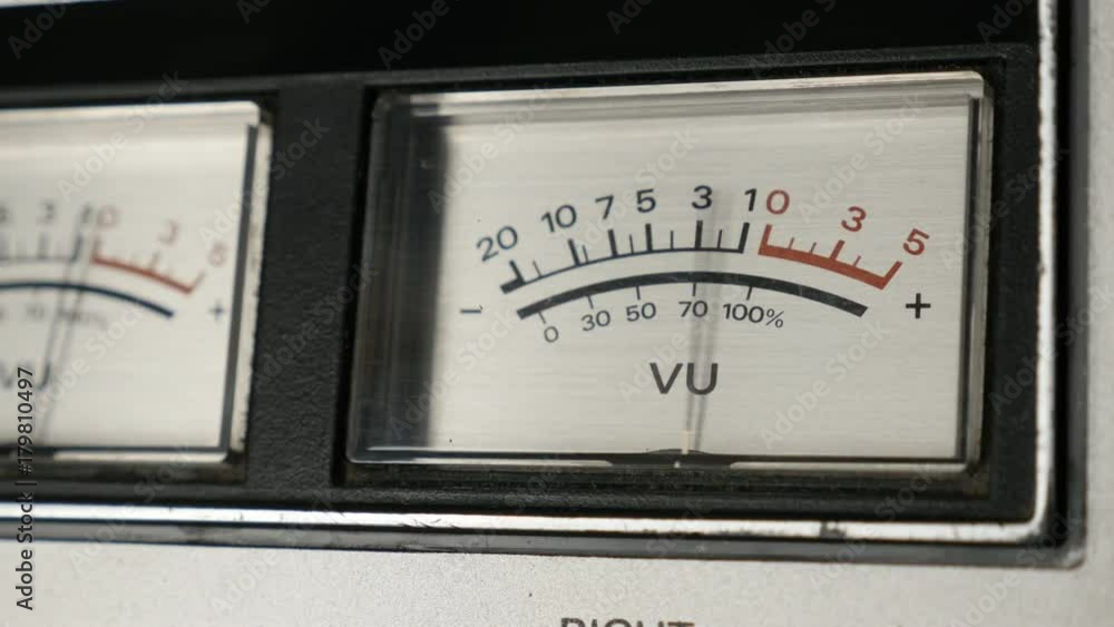 Close-up details of analog VU meter scale footage - Needles of standard volume level indicator shallow DOF Close-up details of analog VU meter scale footage - Needles of standard volume level indicator shallow DOF