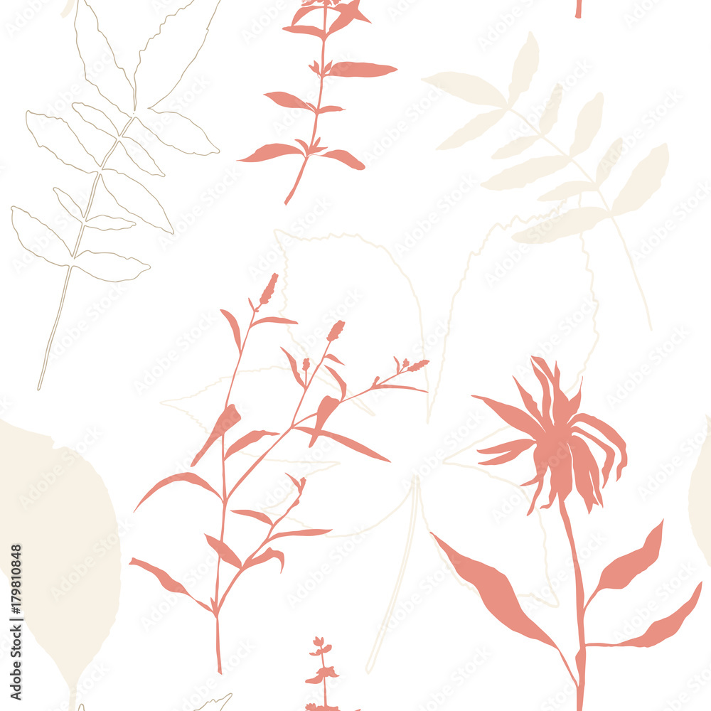Floral vector seamless pattern with wild flowers, chestnut tree leaves and herbs.