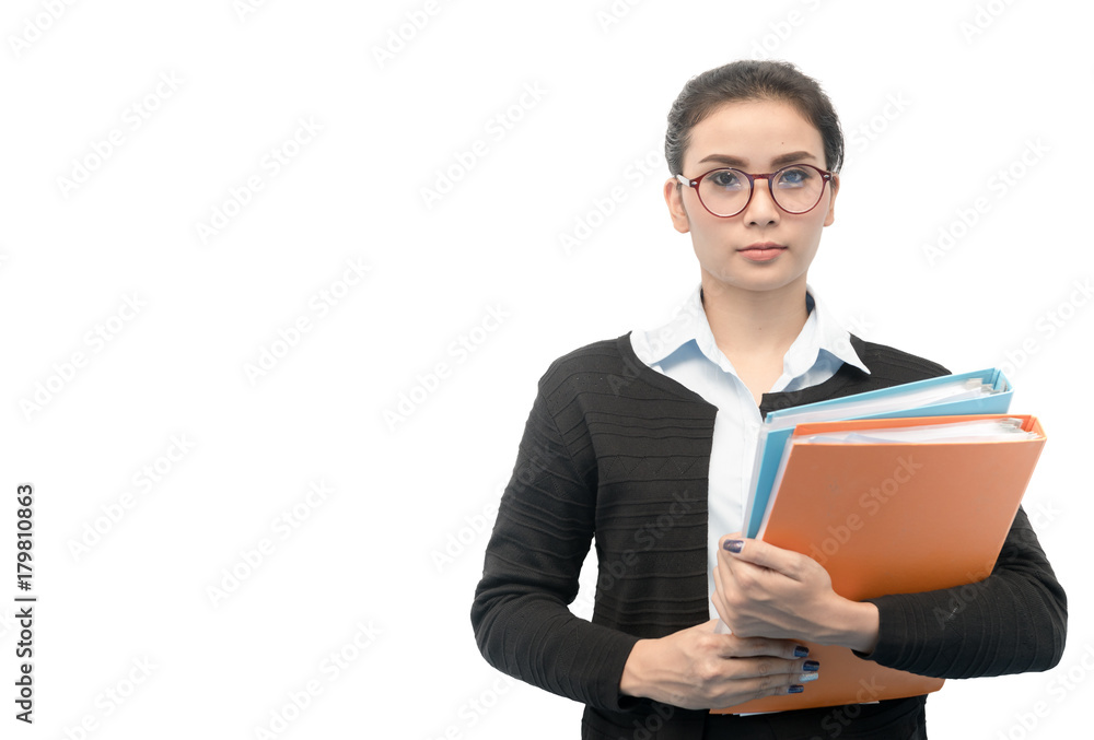 portrait of a young secretary female holding book file portrait of a young secretary female holding book file