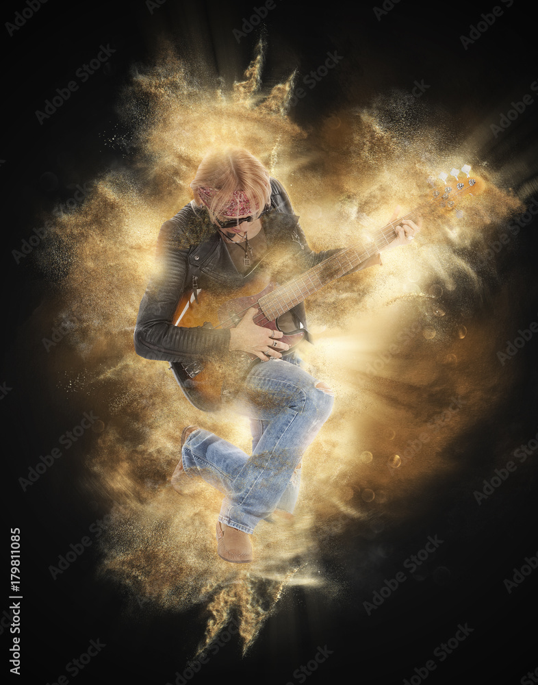 Woman playing electric guitar on red