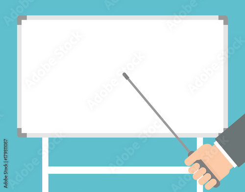 Hand pointing to a blank white board with a pointer