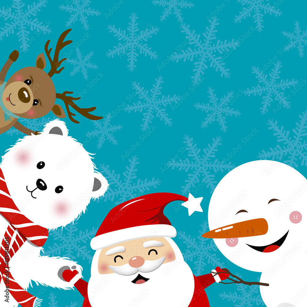 Christmas concept design of santa claus reindeer snowman and white bear with copy space vector illustration