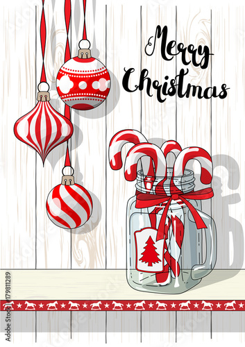 Holidays motive, Christmas decorations with vintage glass jar and candy canes, illustration