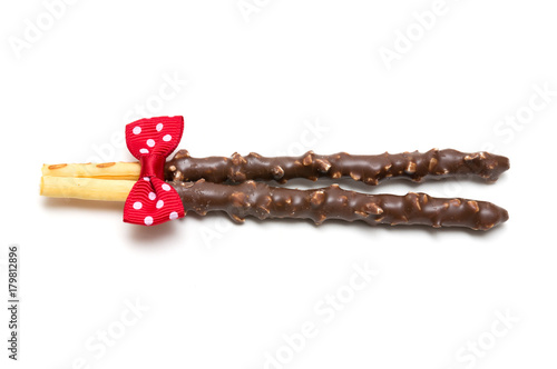 Chocolate Filled Biscuit Sticks on White Background