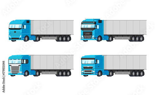 Four different blue trucks for delivery goods vector flat design isolated on white background. Delivery, cargo infographic elements.