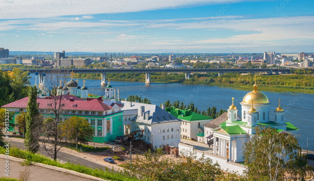 The embankment of city of Nizhny Novgorod on bank of confluence of Volga River and Oka River
