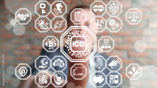 Initial Coin Offering Circuit Connection Network Financial Technology concept. Man using virtual touchscreen presses ICO microchip button.