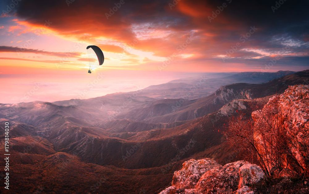 Naklejka premium Paraglider silhouette in a light of majestic sunrise