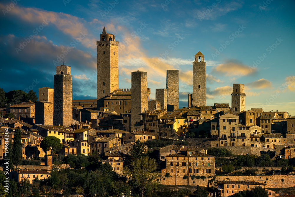 San Gimignano medieval town towers skyline and landscape. Tuscany, Italy