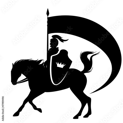 Royal knight with a crown shield riding a horse - black side view vector silhouette