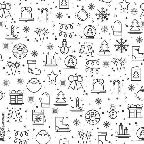 Merry Christmas party celebration seamless pattern. Xmas New Year holidays. Party decor elements thin icons. Vector illustration. Line background texture. Snowflakes christmas tree gift firework bell.