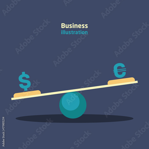 Balance with currency dollar and euro currency icons with growth and recession charts.