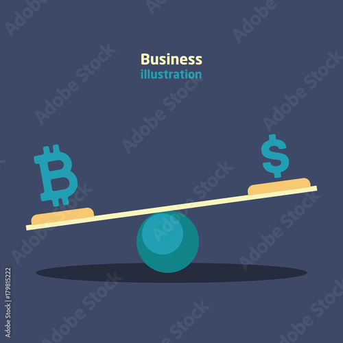 Balance with currency dollar and bitcoin currency icons with growth and recession charts.