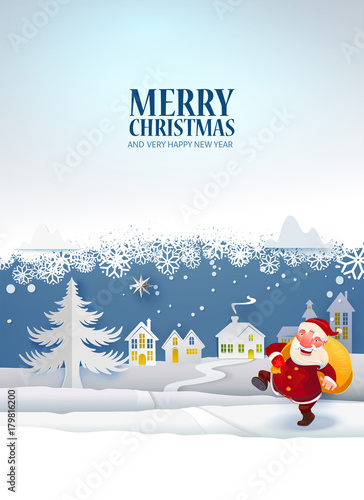 Winter Snow Urban Countryside Landscape with Santa Claus with gifts going to house. Village with full moon. Happy new year and Merry Christmas paper art, cut and craft style Poster. Night sky and star