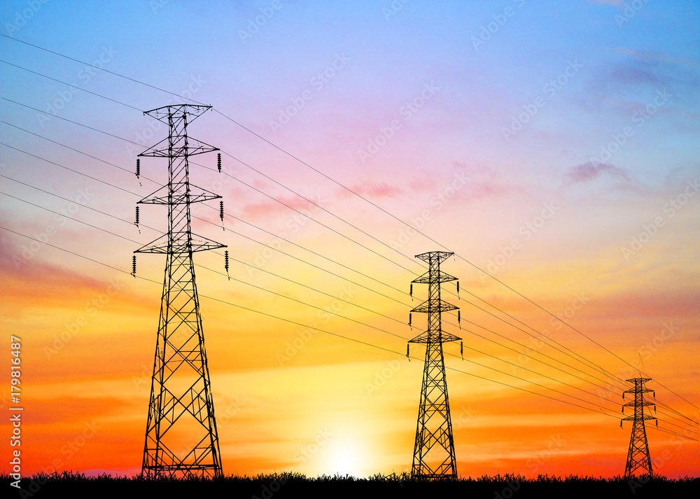 silhouette electricity pole, electricity pylons technology on sunset time background