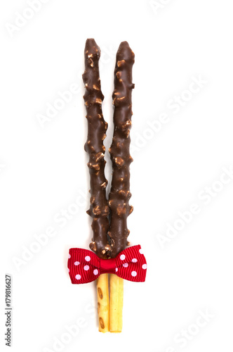 Chocolate Filled Biscuit Sticks on White Background
