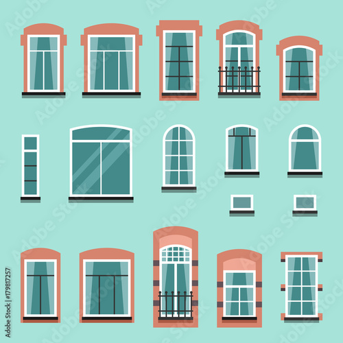 Set of plastic or wooden window frames with shutters, windowsills, curtains, balconies without wall. Flat style vector illustration