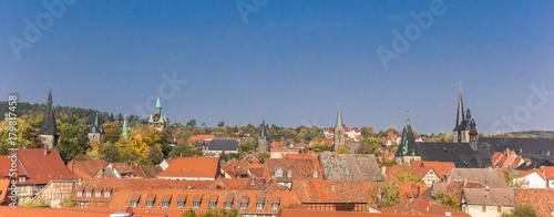Panoramic view over rooftops and churches of Quedlinburg