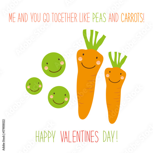 Cute unusual hand drawn Valentines Day card with funny cartoon characters of peas and carrots