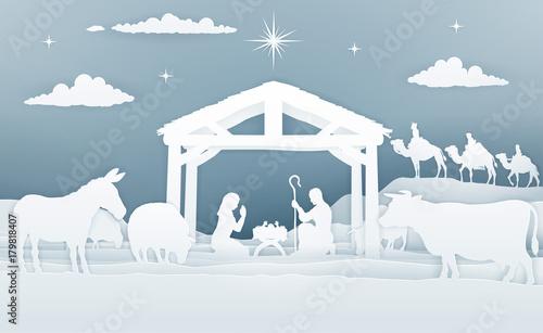 Nativity Christmas Scene Paper Art Style