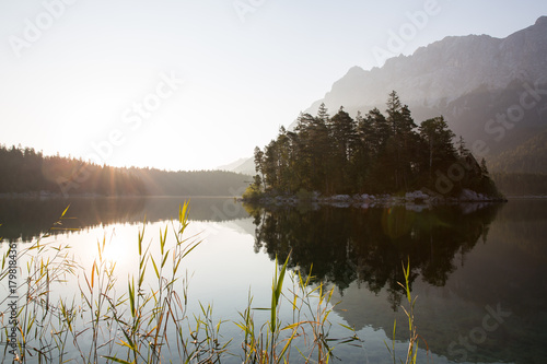 woody island in a still lake