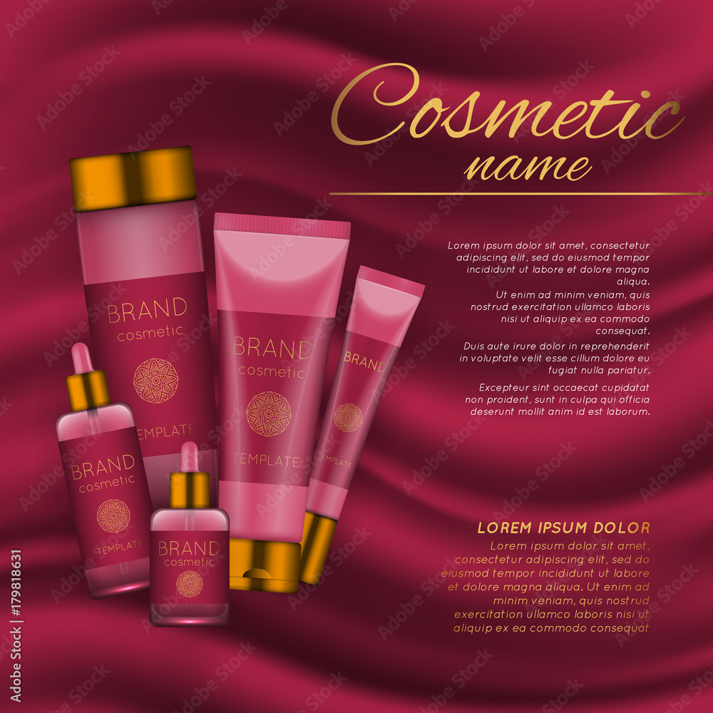Vector 3D cosmetic illustration on a soft silk background. Beauty realistic cosmetic product design template. Vector 3D cosmetic illustration on a soft silk background. Beauty realistic cosmetic product design template.