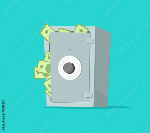 Safe deposit box full of paper money vector illustration, flat cartoon design of cash in vault, concept of wealth security or protection, financial safety, secure savings