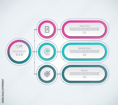 Infographic template with 3 option circles and tabs. Can be used as a process chart, workflow layout, diagram, info graph, data visualization, annual report, timeline, minimalistic web banner.