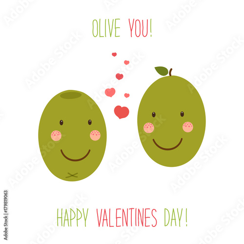 Cute unusual hand drawn Valentines Day card with funny cartoon characters of olive