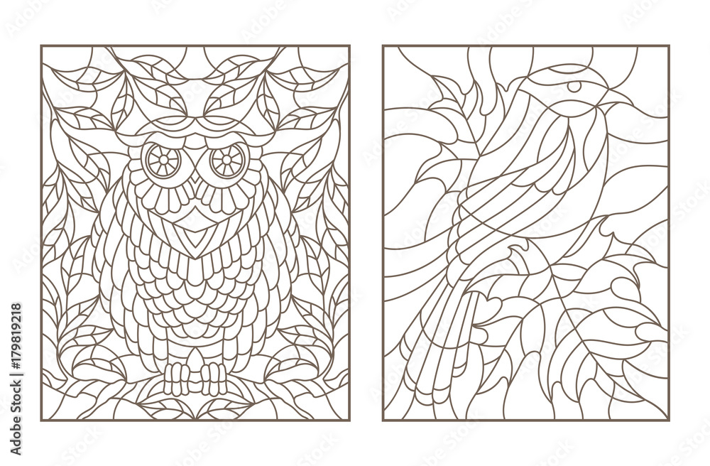 Set contour illustrations in the stained glass style with birds on the branches of trees
