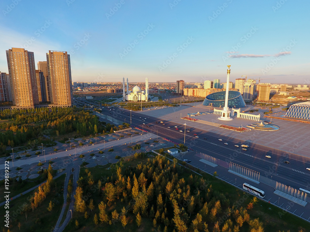 Astana  cityscape.   Astana is the capital city of Kazakhstan. It is located on the banks of Ishim River in the north portion of Kazakhstan, within the Akmola Region, though administered separately fr