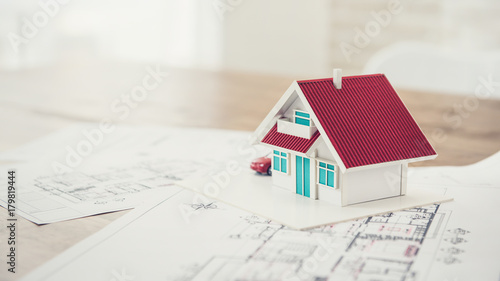 House model with blueprint sample for real estate development