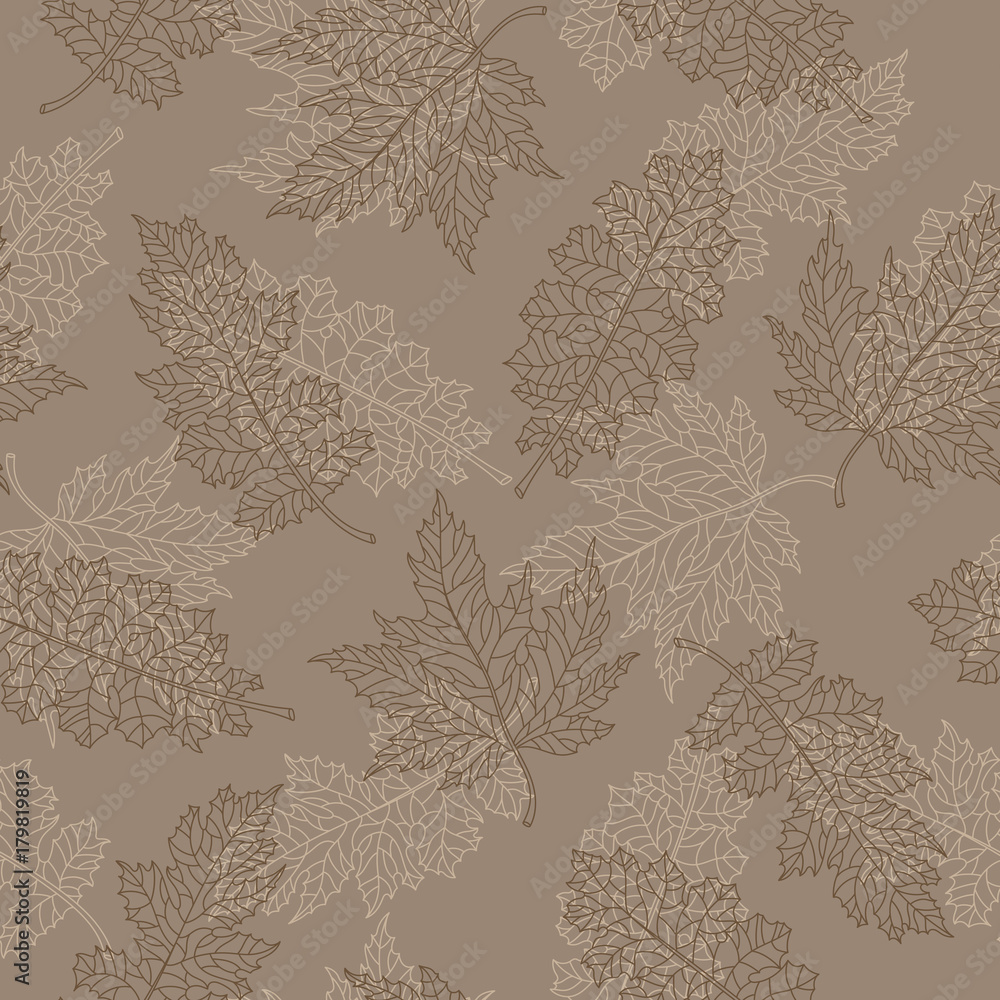 Fototapeta premium Seamless pattern with contour lacy brown leaves of different trees on a beige background