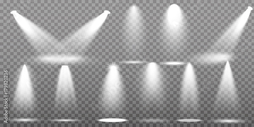 Scene illumination collection, transparent effects. Bright lighting with spotlights.