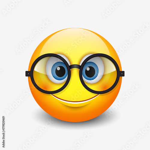 Cute smiling emoticon wearing eyeglasses, emoji