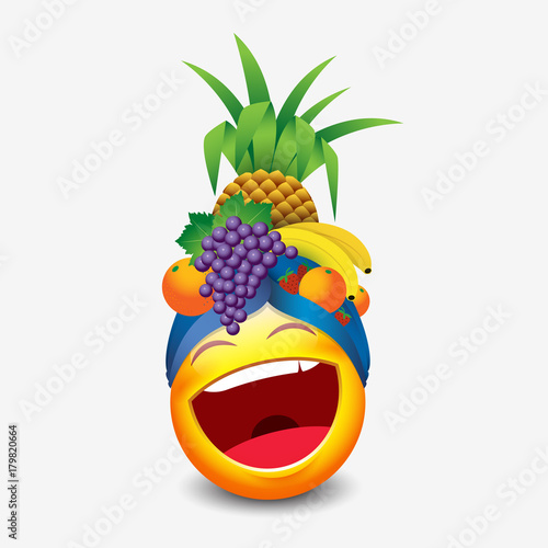 Cute laughing emoticon wearing fruit hat, emoji