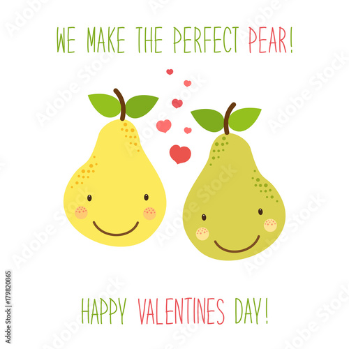 Cute unusual hand drawn Valentines Day card with funny cartoon characters of pear