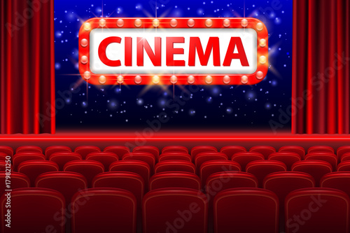 Realistic cinema hall interior with red seats. Retro style cinema sign with spot light frame. Movie premiere poster design. Vector illustration.