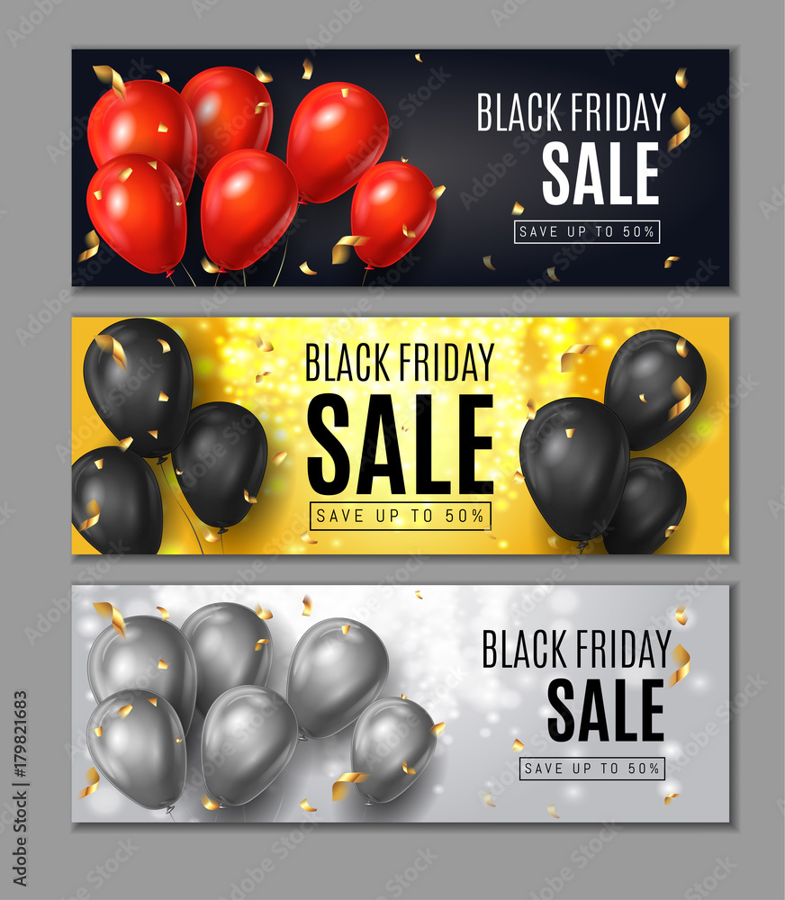 Black Friday Sale Horisontal Web Banners. Flying Shine Balloons on White Black and Red Background with Golden Confetti. Shopping Day sale offer, banner template.  Autumn Shop poster design. Vector