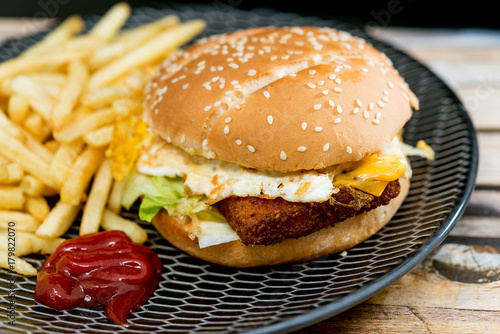 American fish burger with Golden French fries