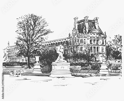 sketch drawing of the Louvre, famous place from Paris, France