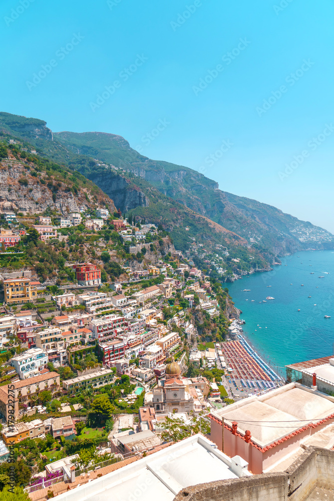 Houses on rock and blue sea. Amalfi coast, Positano.