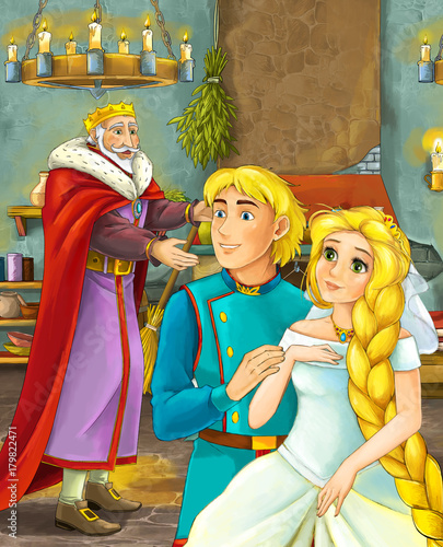 cartoon scene with happy loving couple king standing in the background and smiling illustration for children