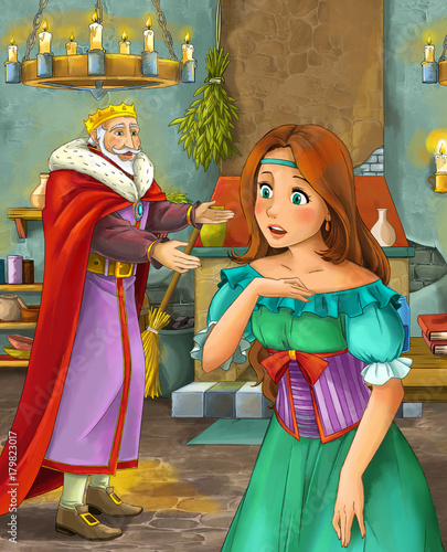 cartoon scene with happy king in castle kitchen and beautiful young lady - illustration for children